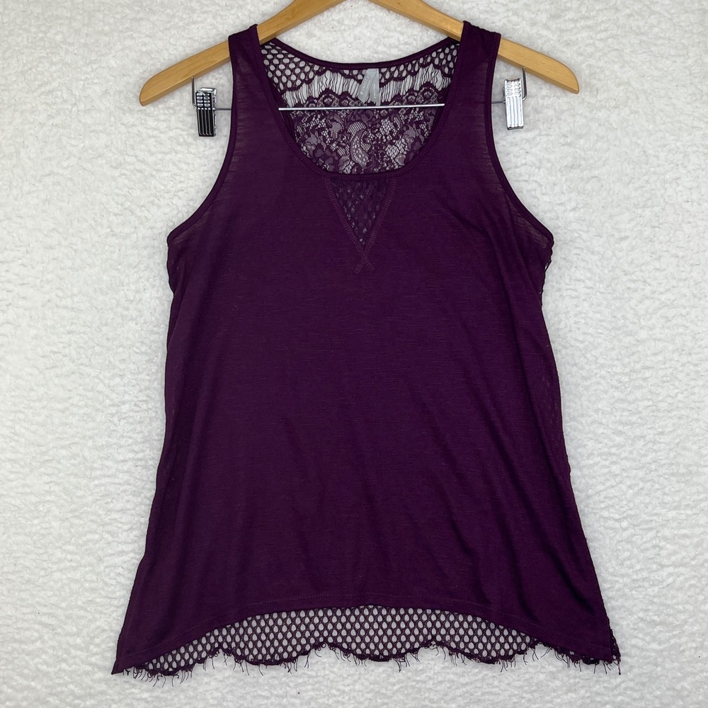 Vanity Womens Tank Top Purple Lace Back V-Neck Slub Knit Sleeveless M